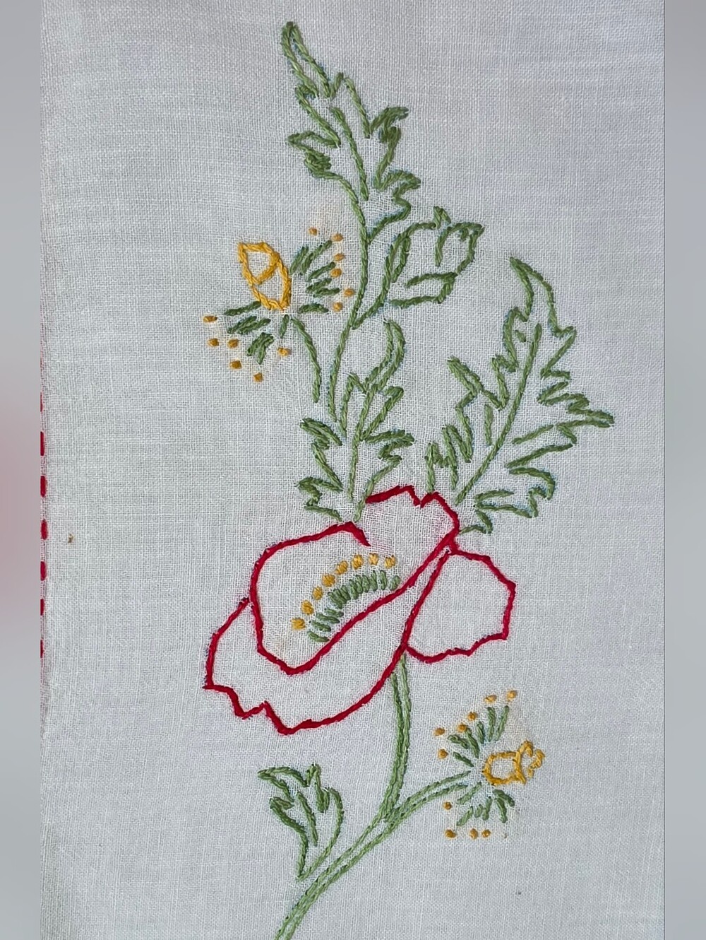 Hand-Embroidered Floral Linen Table Runner in Red, Green, Yellow